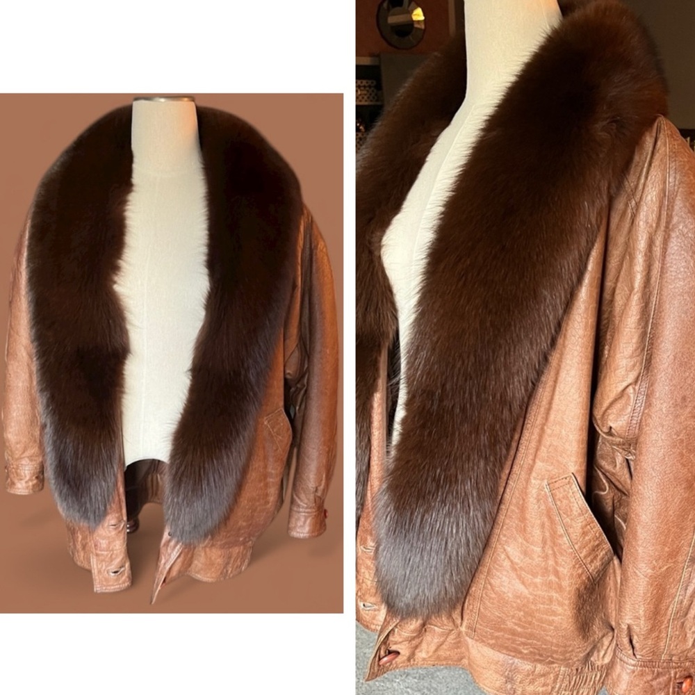 Luxe Fox Fur & Chocolate Brown Leather Jacket Coat Croc Oversized 80’s 90’s L EC